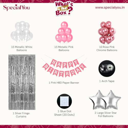 Image of SpecialYou Pink Balloons for Birthday Decoration Kit for Girl with White & Metallic Pink, Dark Pink Chrome Balloons for Decoration, Silver Fringe Backdrop Curtains, Birthday Paper Banner- 46 Pcs