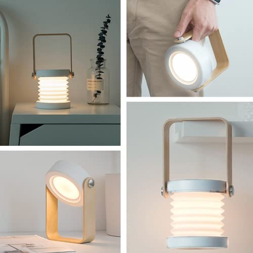 ALLOMN Schreibtisch Tischleuchte, Tragbares Klapp Teleskop Nachtlicht LED Leselampe Holzgriff Laternenlampe, 3 Stufig Dimmbare Helligkeit, USB Aufladung, Augenpflege (Warmweiß)