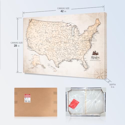 Image of IPIC Vintage US Travel Map with Pins, Push Pin Travel Map USA, Size42x28 in