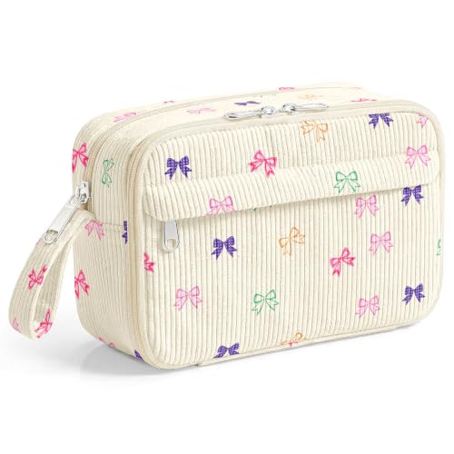 WOBAGMEN Cute Pencil Case,Large Corduroy Zippered Pencil Case Pouch, aesthetic Pencil Bag with Compartments, Pencil Pouch School Supplies (Coloful Bow)