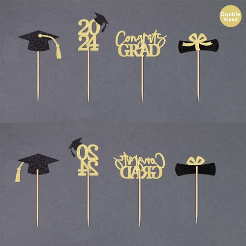 Gexolenu 24 Pcs Gold Class Of 2024 Graduation Cupcake Toppers Double-Sided Glitter Grad Cap Cake Toppers For Graduation Party Supplies 2024 Graduate Party Cake Picks Graduation Decorations thumb #3