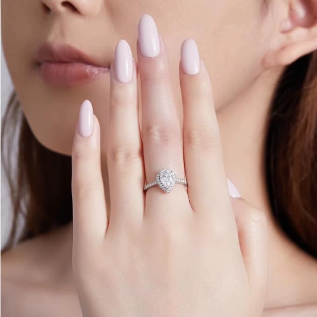 925 Sterling Silver White Gold Plated Pear Cut Moissanite Halo Ring, 1.25ct, Wedding and Anniversary