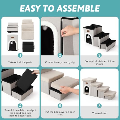 COZY KISS Haustiertreppe für Kleine Hunde mit Stauraum Und Wohnung, Hundetreppe Faltbare für Sofa Couch, Hunde Treppe mit Rutschfestem Boden, Lecksichere, Bis Zu 80kg (Beige, 33x89x45, 4)