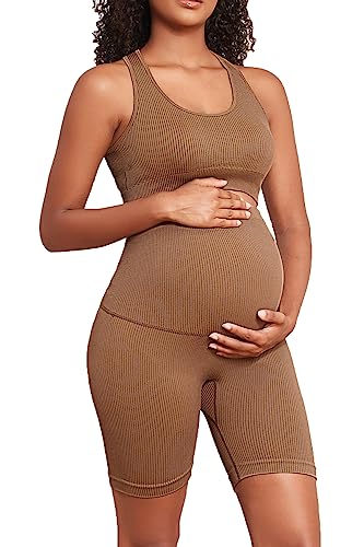 Lataly Ensemble 2 pièces de maternité pour femme, soutien-gorge de maternité côtelé sans couture et short de grossesse élastique taille haute, 1 Marron, Large Lataly Ensemble 2 pièces de maternité pour femme, soutien-gorge de maternité côtelé sans couture et short de grossesse élastique taille haute, 1 Marron, Large
