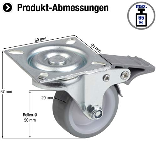 Metafranc Lenkrolle Ø 50 mm - Feststeller - 60 x 60 mm Platte - Polyurethan-Rad - Weiche Lauffläche - Gleitlager - 65 kg Tragkraft / Transportrolle / Möbelrolle / Schwerlastrolle / 802880