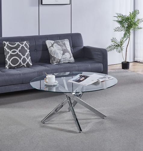 Hallowood Furniture Cullompton Table basse en métal avec plateau en verre, table en verre avec 4 pieds chromés croisés, petite table centrale, table basse...