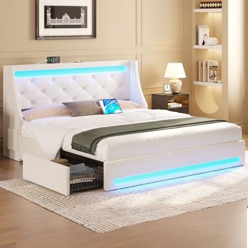 Rolanstar Queen Bed Frame with LED Lights and Charging Station, Upholstered Bed with Drawe...