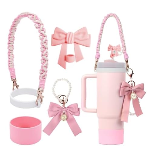 Accesorios Stanley Cup, 5 Piezas Stanley Cup Accesorios Set Correa de Asa Joyas Colgantes Reutilizables Straw Accessories for Stanley Cup Llavero Funda de Silicona Sleeve de Decoración, Rosa