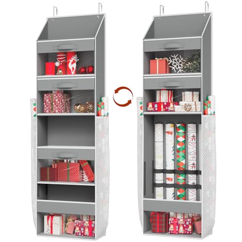 ELYKEN Over Door Wrapping Paper Organizer Storage, Space-Saving Hanging Gift Wrap Storage with Side Pockets, 3 Removable Drawers, Elastic Straps, Dual Use Design for Ribbons, Ornaments, Wrapping Tools