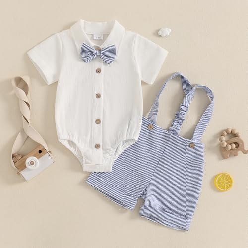Baby Boy Gentleman Short Sleeve Lapel Neck Romper with Stripe Suspender Shorts and Bowtie2