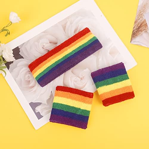 Sweat Bands Set, Striped Sweatbands Set Includes Sports Headband and Wristbands Rainbow Headband for Men and Women