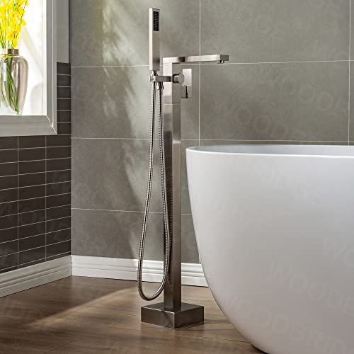 Woodbridge Brushed Nickel Freestanding Tub Filler Single Handle Floor Mounted Faucets with Handheld Shower. Square Design by WOODBRIDGE - Image 6