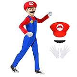 ACWOO Mario Kostüm Kinder, Red Mario Kostüm mit Handschuhe, Mütze und Bart, Luigi Bros Cosplay Outfit Jugendliche Junge, Mario und Luigi Kostüm für Karneval Halloween Cosplay Dekoration(Red,M)