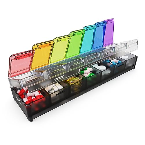 Image of Fullicon Weekly Pill Organizer 7 Day Quick Fill & Spill Proof Designed Large Pill Box with Free Labels Travel Medicine Organizer for Medicine, Vitamin, Fish Oil, Supplement (Rainbow Black Patet)