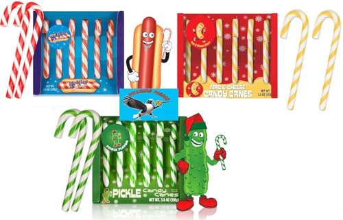 Dill Pickle, Mac & Cheese & Hot Dog Christmas Candy Canes 18ct – Funny Savory Holiday Candy, Novelty Gag Gift, Weird Flavor Stocking Stuffers