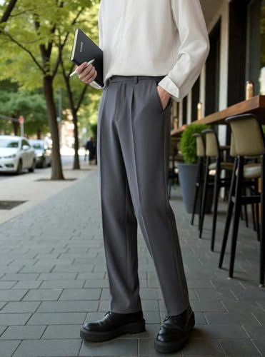 Image of KOTTY Men's Wide Leg Casual Style Korean Trousers with Relaxed Fit Tailoring Modern Structured Design for Professional Wear