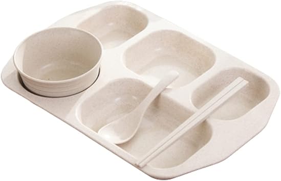 Divided Plates, Lunch Plates, Partial Plates, Deep Divided Plates, 5 Compartments, Wheat Plates, Divided Dinner Mino Ware, Cafe Tableware, Commercial Tableware, Divided Plates, Tableware, Balanced Meal Plates for Adults Kids, Dishwasher Safe, Easy to Clean 4 Piece Set Beige
