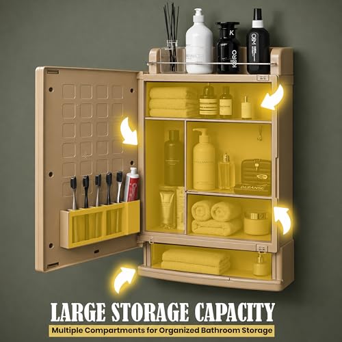 Image of JD FRESH Unbreakable Bathroom Cabinet with Mirror /Wall Mount Mirror Cabinet for Wash Basin /Bathroom Organizer Cabinet /Multipurpose Wall Storage Organizer /Decorative Prime Look (Golden)