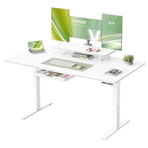 VASAGLE Escritorio Eléctrico Ajustable en Altura, 140 x 70 cm, para Trabajar de Pie, Soporte para Monitor, Cajón, Puerto USB-C, Recordatorio de Sedentarismo, para Oficina, Blanco Nube LSD154WB01