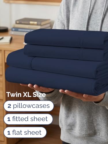 Image of Extra Deep Twin XL Sheet Set - 4 Piece Breathable & Cooling - Navy Blue | Hotel Luxury Bed Sheets Set, Easy & Secure Fit, Ultra-Soft, Wrinkle & Fade Free, Comfy Sheets Set with Extra Deep Pockets