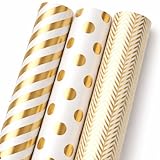 PUBAMALL 3 Rollos Papel de Regalo Decorativo, Diseño Dorado y Blanco, 43 x 300 cm (01)