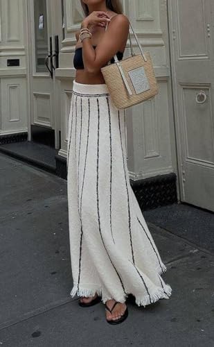 CHARTOU Women Striped Knit Long Skirt Elegant Elastic Waist Raw Cut Tassel Maxi Long Flowy Sweater Skirt2