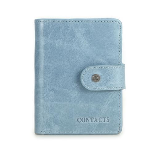 Contacts Womens Leather Bifold Wallet Small Zipper Coin Purse 12 Slot Card Holder Travel RFID Wallets (Light Blue)