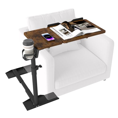 YUHFERA Height Adjustable Couch Armrest Table Tray – Tilting Top Swivel Side Table for Recliner, Sofa, Laptop, or Bed – Ideal for Eating, Reading, or Recovery Use (Rustic Brown)