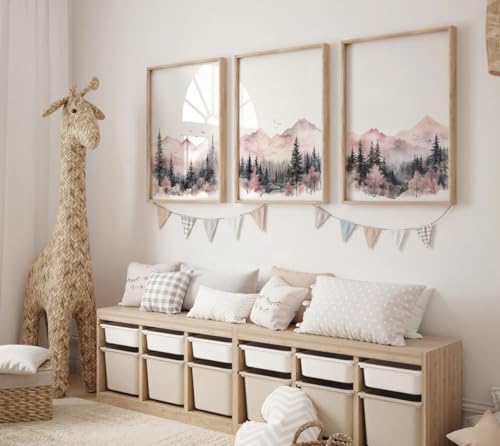 Image of DOLUDO 3 Pieces Blush Pink And Gray Forest Canvas Wall Art Prints Mountain Landscape Theme Poster Painting Pictures for Girl Room Nursery Home Decor With Inner Frame