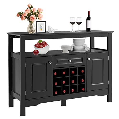 GOPLUS Buffet de Cuisine avec Porte-Bouteille Amovible pour 12 Bouteilles, Tiroir, 2 Placards, pour Cuisine et Salon, 116 x 40 x 82 CM, Noir