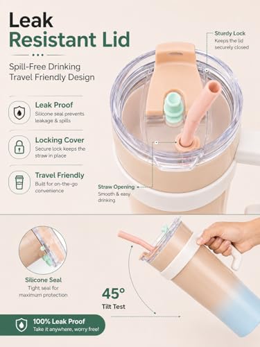 Image of Arova Stainless Steel Insulated Travel Mug 1200ml with Handle & Straw | Double Wall Vacuum Tumbler with Lid | Leak Proof Large Coffee Mug for Office, Car, Gym | Hot & Cold Thermal Cup (Beige)