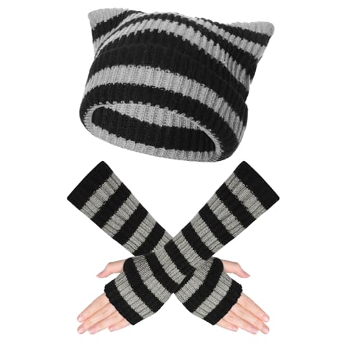 Sdfvsdg Crochet Hats for Women Cat Beanie with Fingerless Gloves Cute Fox Cat Ears Hat Slouchy Beanies Grunge Accessories Black Grey