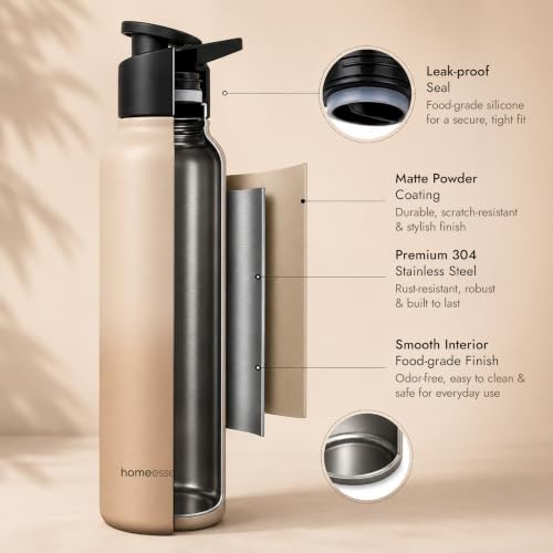 Image of HomeEssentials Premium Stainless Steel Water Bottle - Single-Wall 1000ml | Single-Wall Insulated Leakproof Stainless Steel Lid | Unbreakable, BPA-Free, Fridge Bottles for Home, Office, School, Travel