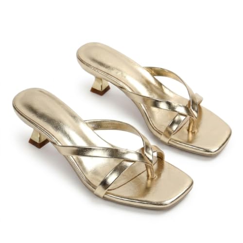 Women’s Metallic Gold Square-Toe Kitten Heel Thong Sandals | Stra...