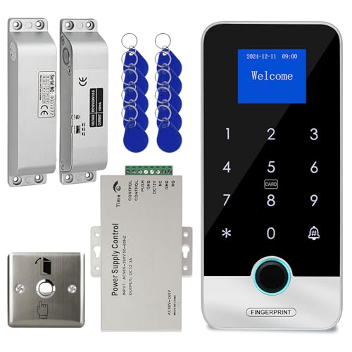 Sistema de control de acceso por huella dactilar, teclado RFID impermeable con alimentación de 12 V CC/3 A, botón de bloqueo de puerta y 10 llaveros.