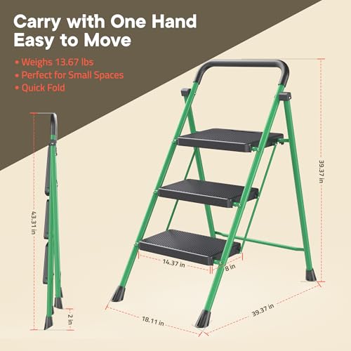 Green 3 Step Stool Foldable – Heavy-Duty Foldable Step Stool for Adults, 500 lbs Capacity, Anti-Slip Feet & Wide Steps, Sturdy Steel Frame, Lightweight & Space-Saving Design for Home, Kitchen & Garage by Campior - Image 8