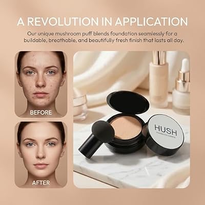 Hush makeup foundation - Glow makeup foundation for older women warm - Infused Lightweight Foundation cushion with Mushroom Applicator for Mature Skin, Hyaluronic Acid & Peptides, Natural Coverage