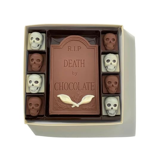 Choc on Choc - Death By Chocolate - Halloween Chocolate Bar with 8 Belgian Chocolate Skulls - Spooky Novelty Gift - Handmade Milk, Dark & White Chocolate - 200g