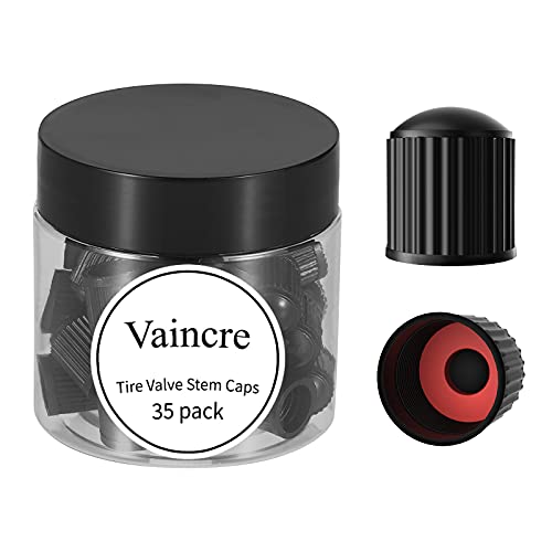 Vaincre 35 Pack Tire Valve Stem Caps Black with Storage Plastic Jar, Universal Tire Stem Caps Cover for Cars, Trucks, SUV, Motorcycles, Bikes, Bicycles - Airtight Tire Caps, Tire Pressure Screw Cap