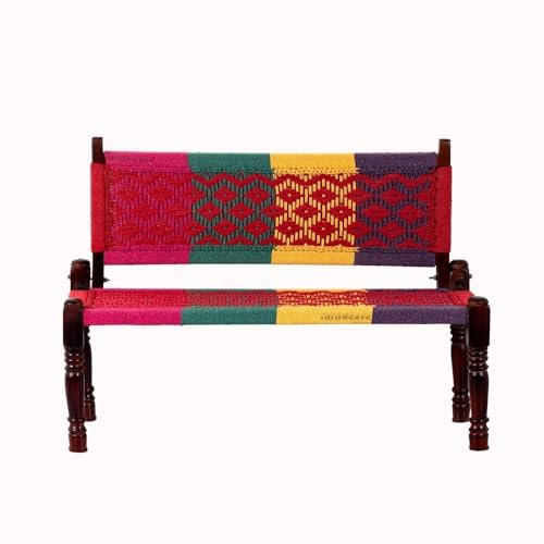 Image of Srima Wooden Bench for Living Room | Handcrafted Sheesham Wood Backrest Bench for Balcony & Garden | Traditional Rajasthani Patio for Outdoor with Cotton Handwoven Rope | Colorful 2