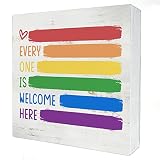 Every One is Welcome Here Wood Box Sign Decor Rustic Pride Rainbow Quote Wooden Box Sign Block Plaque for Wall Tabletop Desk Home Office Classroom Decoration 5' x 5'