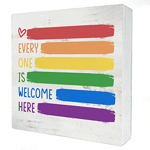 Every One is Welcome Here Wood Box Sign Decor Rustic Pride Rainbow Quote Wooden Box Sign Block Plaque for Wall Tabletop Desk Home Office Classroom Decoration 5" x 5"