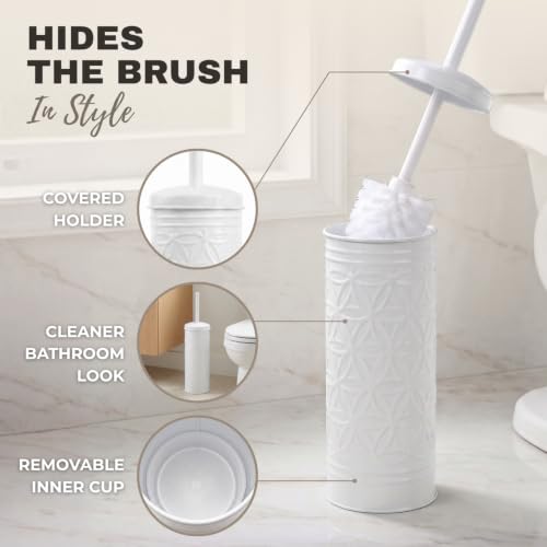 Image of Autumn Alley White Farmhouse Bathroom Trash Can and Toilet Bowl Brush with Holder - White Bathroom Accessories Set for Charming Bathroom Decor