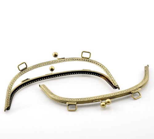 Rockin Beads Brand, 1 Metal Purse Large 10 Inch X 4 3/8 Inch Frames Snap Clasp Arch Pattern Antiqued Brass with Kiss Clasp Lock