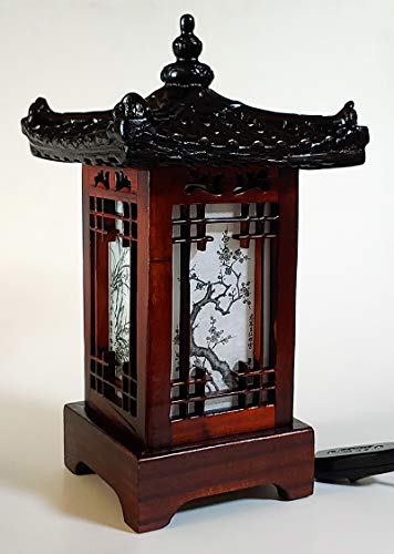 Antique Alive Carved Wood Table Lamp Handmade Traditional Korean House Pavilion Pagoda Design Art Deco Lantern Brown Asian Oriental Bedside Bedroom Lamp Accent Unusual Light (House) #TOP1