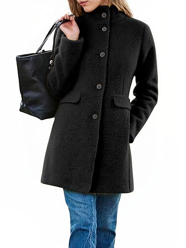 Image of CHARTOU Women Casual Boucle Wool Jacket Single Breast Fuzzy Fleece Winter Trench Pea Coat (Large,Black)