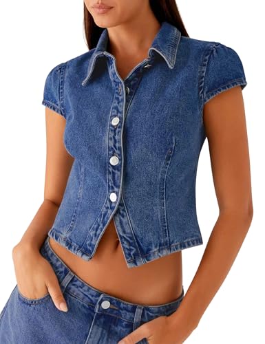 POTILI Cropped Denim Shirt Women Button Down Short Sleeve Collared
