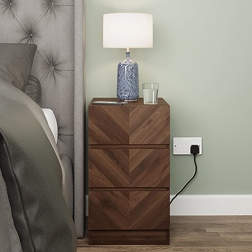 GFW Catania Bedside Drawers, Chest Of Drawers Sideboard Cabinet, Modern Herringbone Design Wood Effect Finish Bedroom Furniture Storage Chest, Royal Walnut Wood H60.5 x W35cm x D40cm