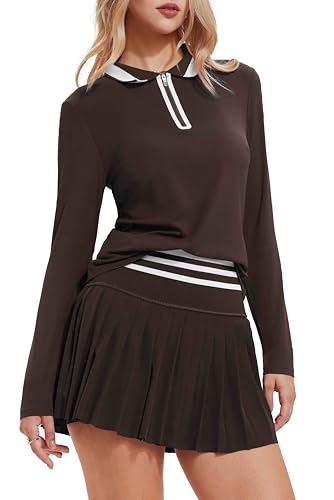 Image of Tennis Skirt Sets for Women Zipper Color Block High Waisted Golf Polo Two Piece Skirt Set Women 2 Piece Outfits