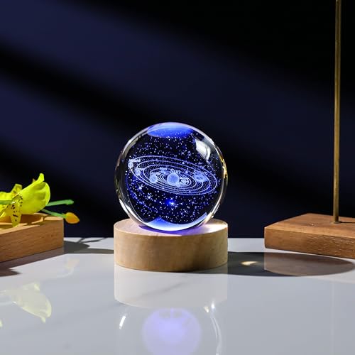 3D Solar System Crystal Ball with LED Colorful Lighting Touch Base, Solar System Model Decor Science Astronomy Gifts God Bless The World Easter Religious Space Gifts Decor